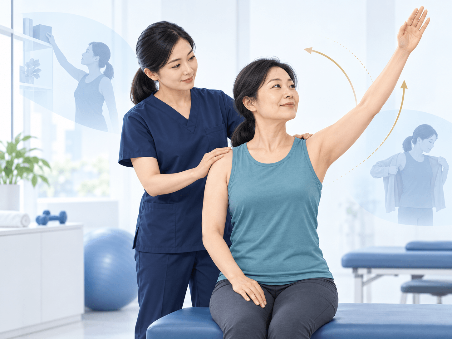 乳癌術後物理治療師評估肩關節活動與日常功能的示意圖